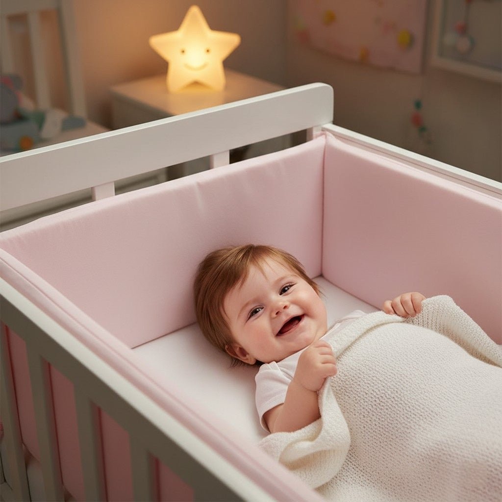 Bébé allongée et protégée par un tour de lit bébé SimpleChic™ rose