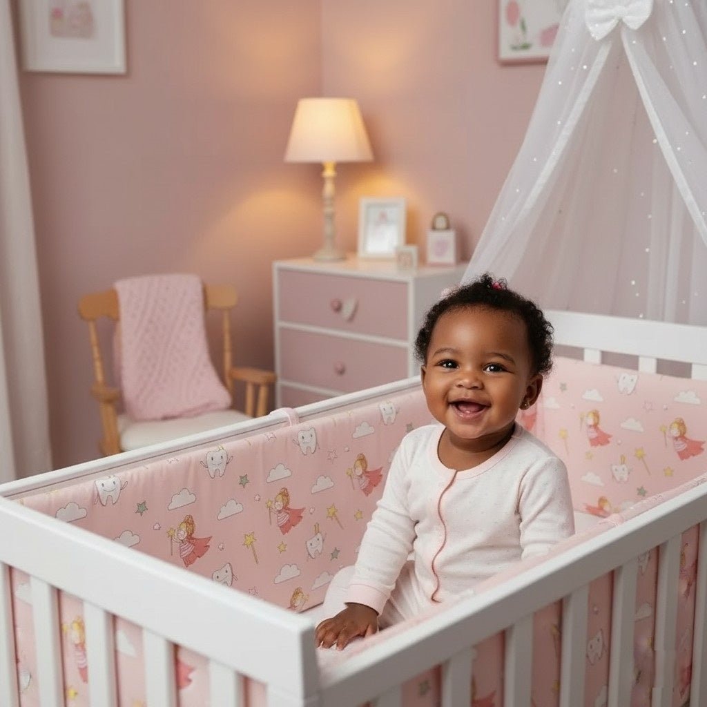 Bébé assise et protégée par un tour de lit bébé Fée