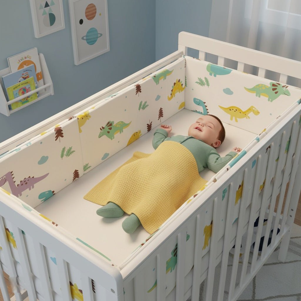 Bébé endormi et protégé par un tour de lit Dinos clair