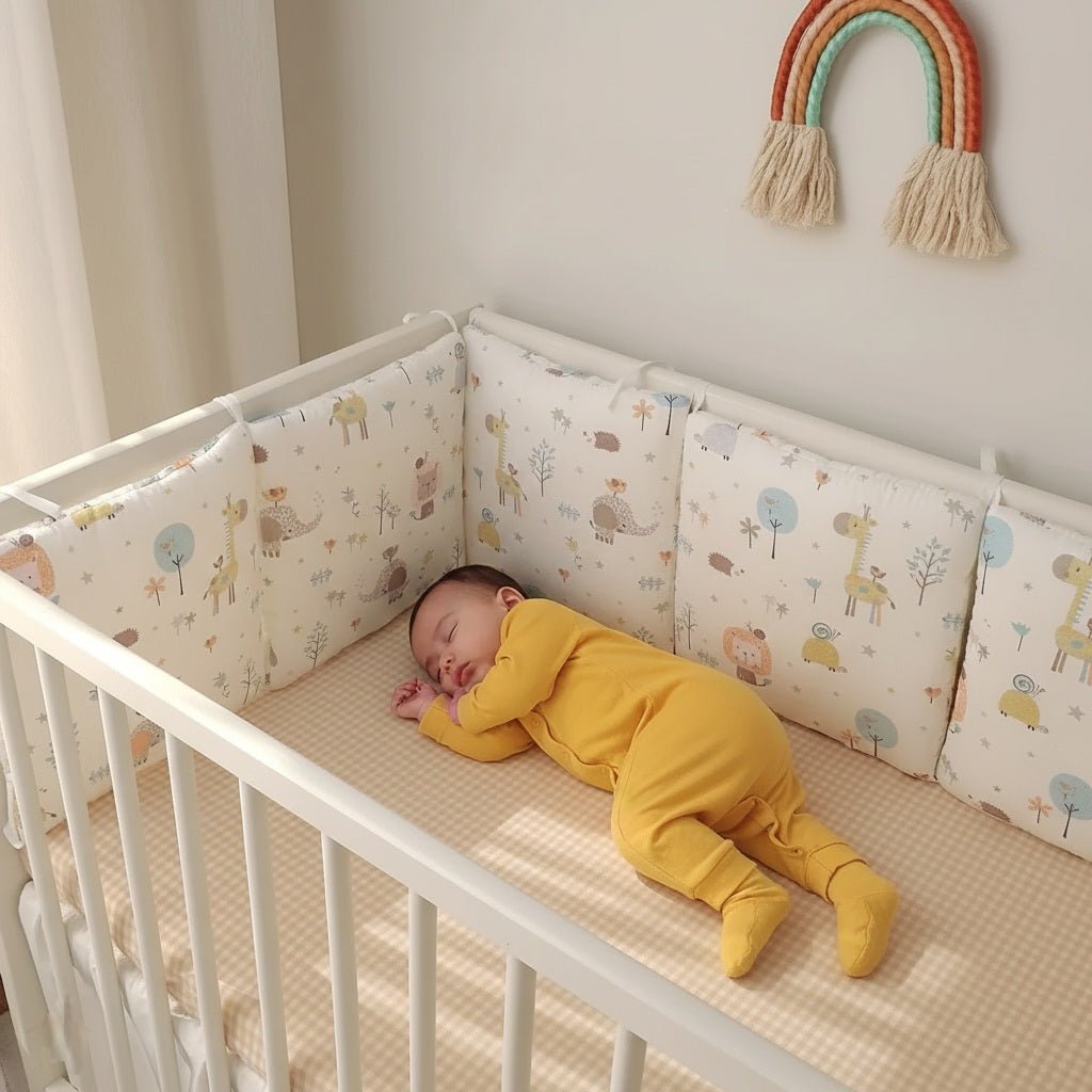 BEBE ENDORMI ET PROTEGE PAR UN TOUR DE LIT POUR BEBE ANIMAUX BEIGE