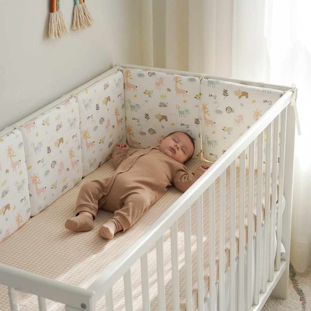 BEBE ENDORMI ET PROTEGE PAR UN TOUR DE LIT POUR BEBE ANIMAUX KAKI