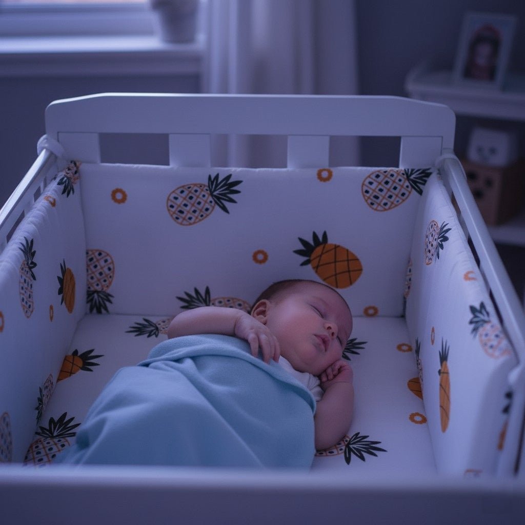 Bébé endormi et protégé par un tour de lit bébé ananas