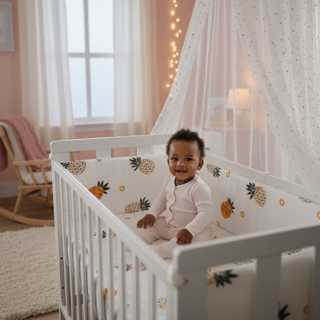 Fillette protégée par un tour de lit bébé Ananas