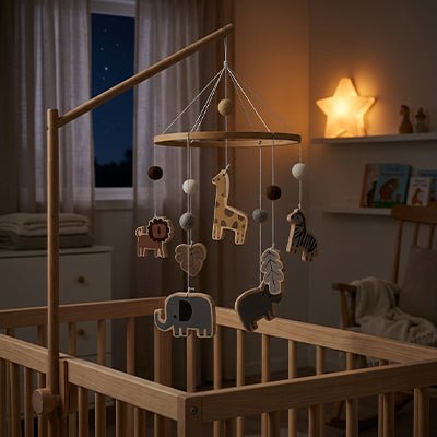 Ambiance de nuit avec notre suspension lit bébé Animaux Safari