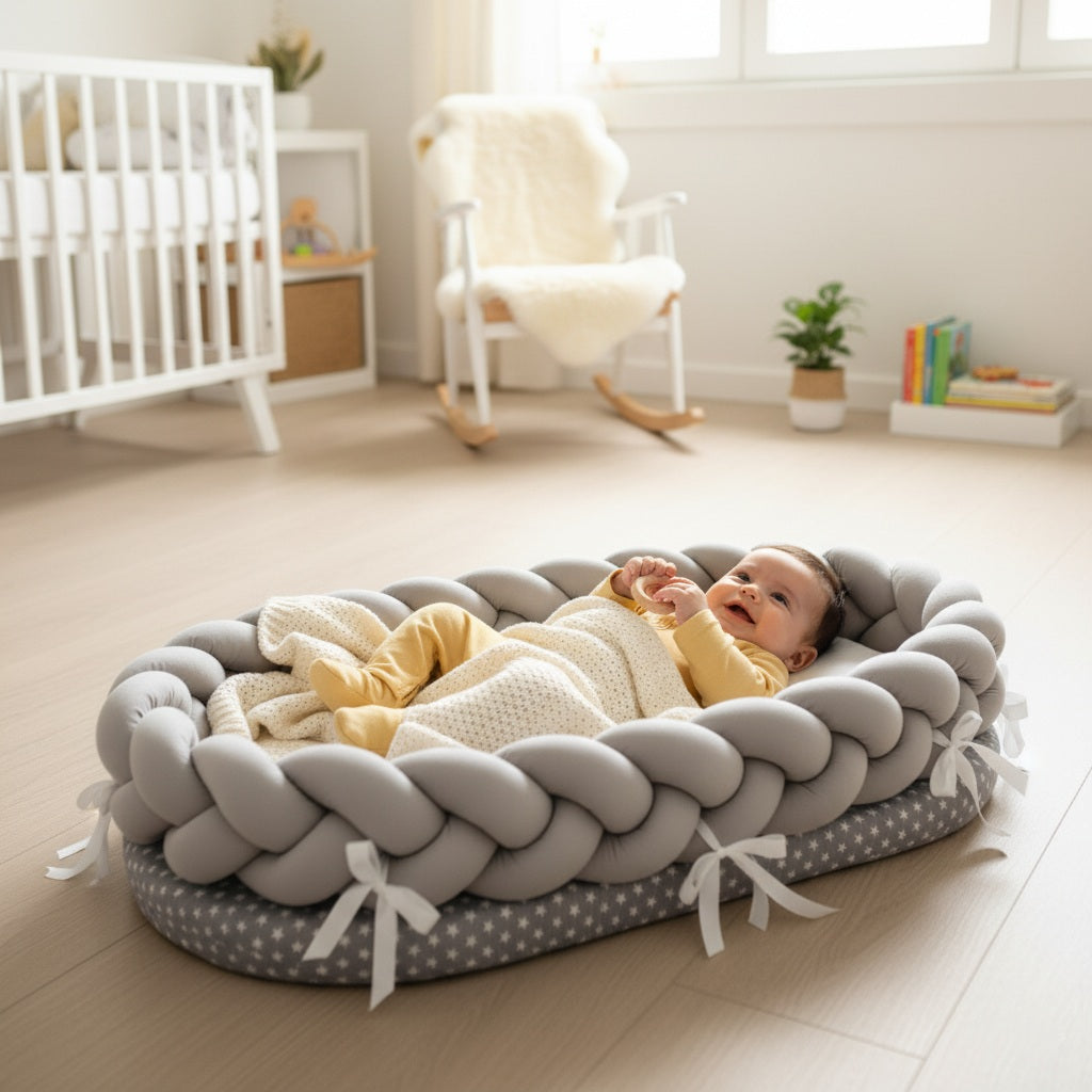 Bébé allongé dans notre Réducteur de lit bébé tressé gris STARRYBABYNEST™