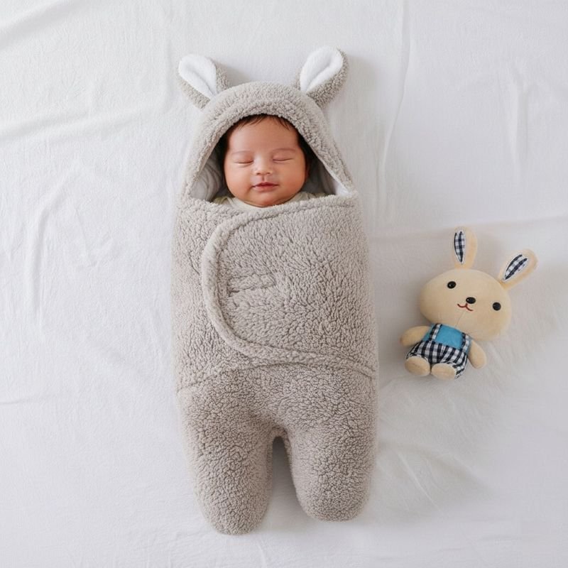 Bébé endormi dans notre emmaillotage couverture CuddleBunny™ beige