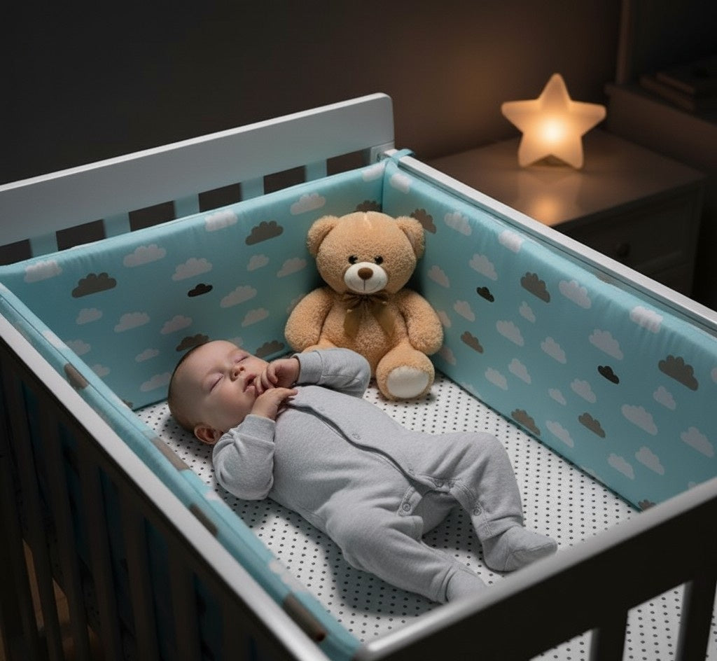 Bébé endormi et protégé par un tour de lit bébé nuages bleu