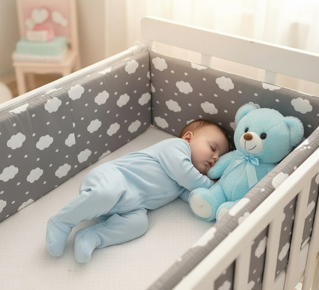 Bébé endormi et protégé par un tour de lit bébé Nuages Gris