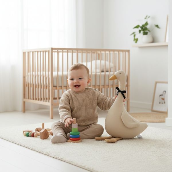 Bébé jouant avec notre doudou TheGoose™
