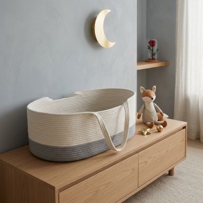 Déco avec notre couffin bébé en corde de coton tressé blanc et gris