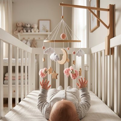 Le bébé jouant avec notre mobile pour bébé Étoiles Mouton