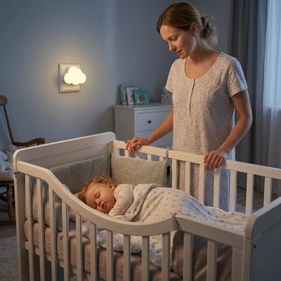 Maman berçant bébé avec notre Veilleuse murale capteur de luminosité