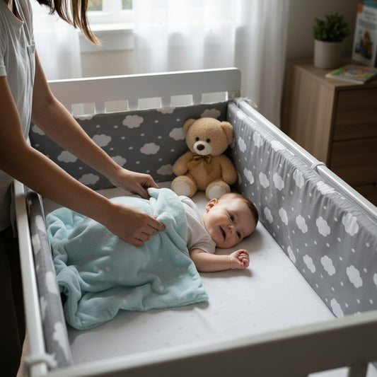 Maman couvrant bébé allongé et protégé par un tour de lit bébé Nuages gris