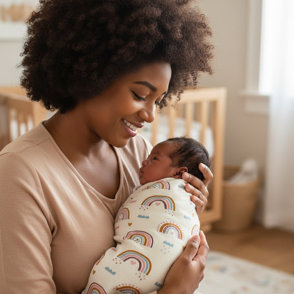 Maman souriante et bébé Emmaillotage Couverture Arc-en-ciel