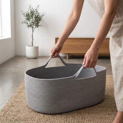 Maman transportant notre Couffin bébé design gris pour chambre moderne