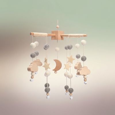 Mobile lit bébé en bois naturel - Thème croissant de lune étoilé gris