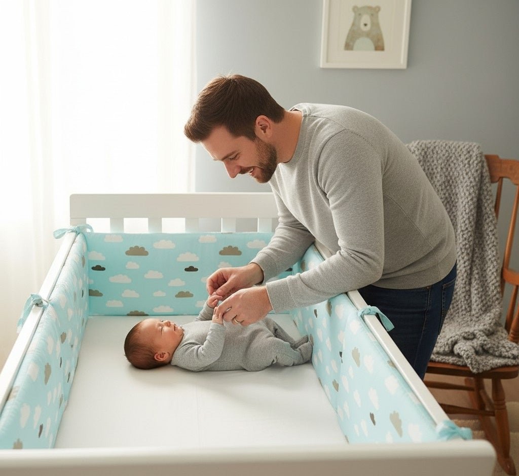 Papa jouant avec bébé allongé et protégé par un tour de lit bébé Nuages Bleu
