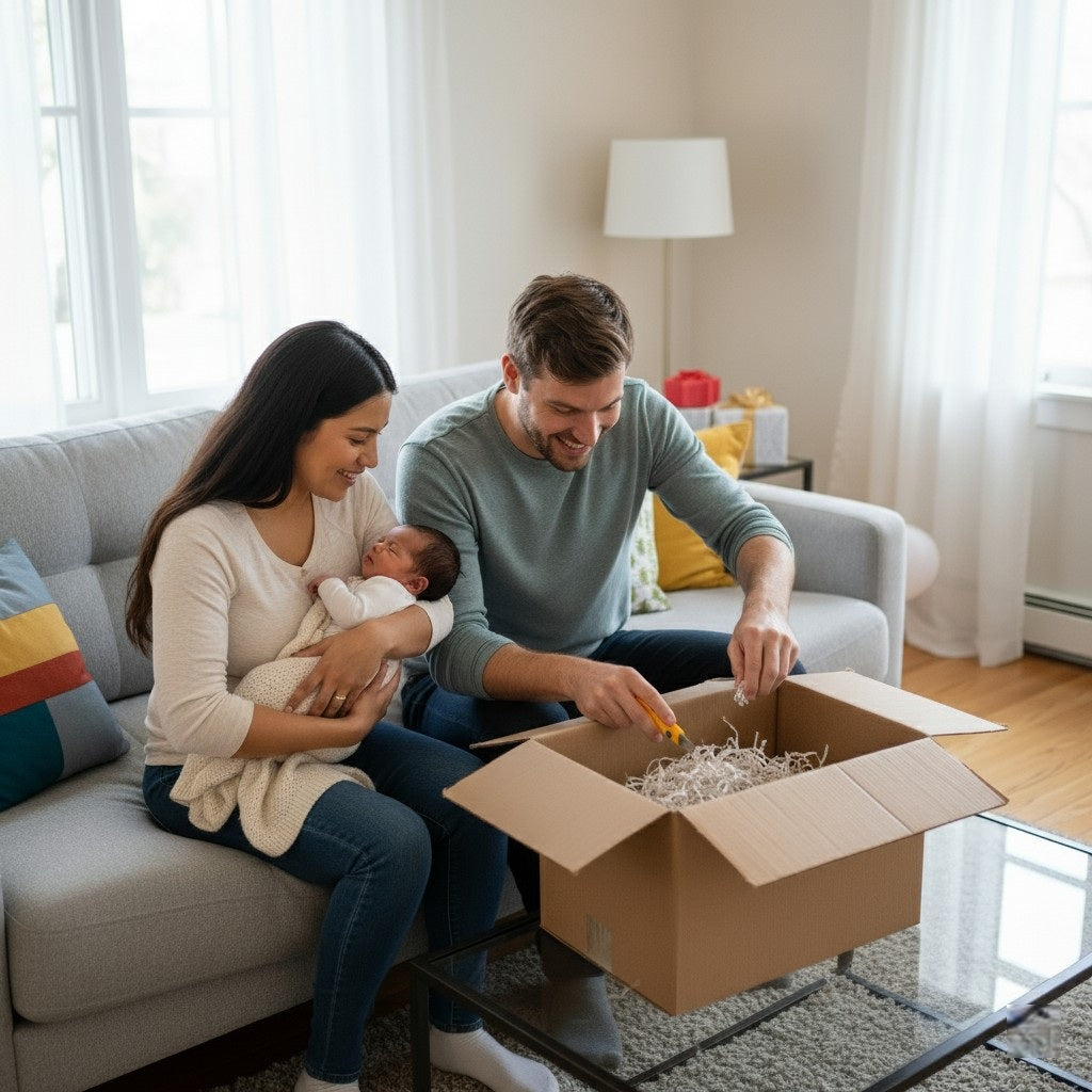Parents ouvrant un produit de Bien-être bébé avec le sourire