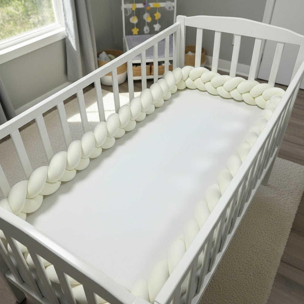 Tresse de lit bébé blanc cassé 3 brins dans un berceau