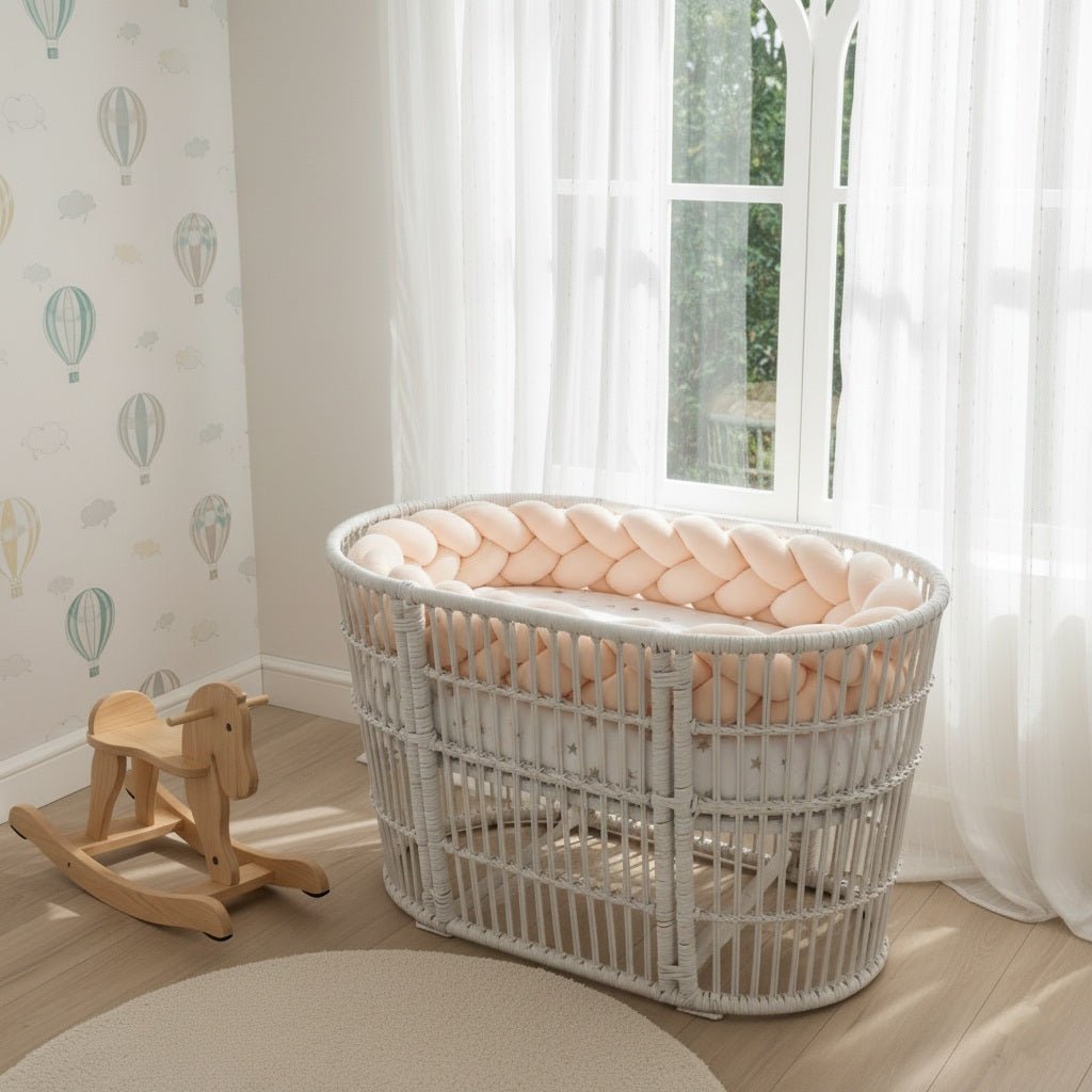Tresse de lit rose pâle 3 brins dans un berceau ovale