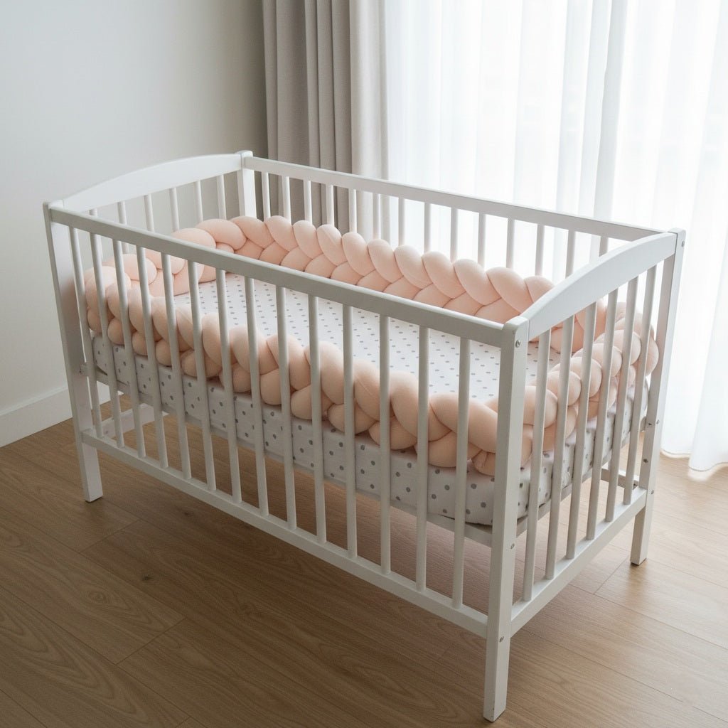 Tresse de lit rose pâle 3 brins dans un lit à barreaux