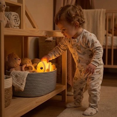 Un Bébé jouant avec notre Veilleuse bébé Poisson Tactile rechargeable