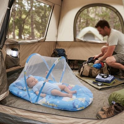 BEBE ENDORMI DANS NOTRE LIT MOUSTIQUAIRE BEBE BLEU EN CAMPING AVEC PAPA
