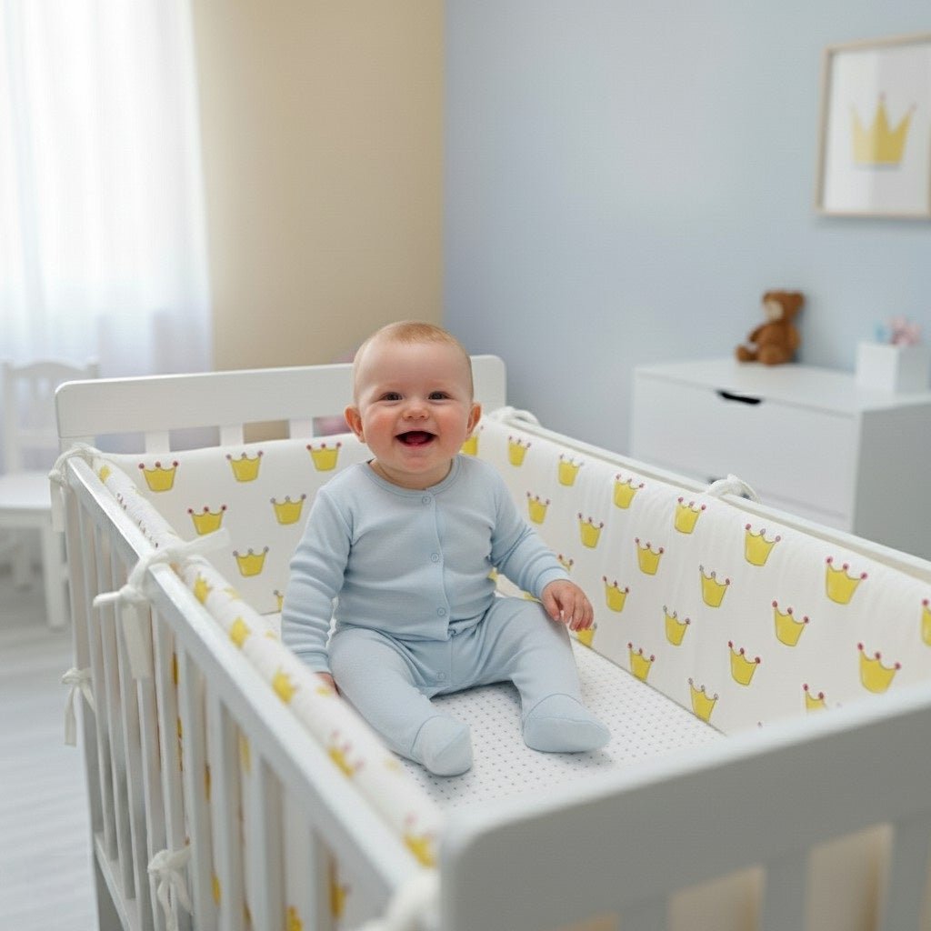 Bébé assis et protégé par un tour de lit Couronnes jaune