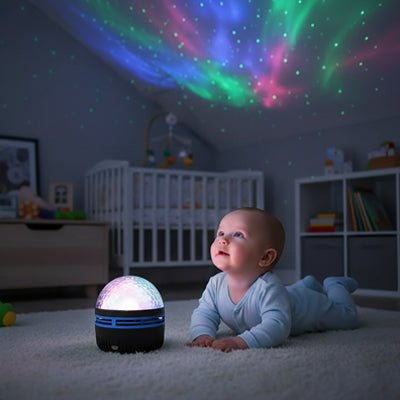 Bébé émerveillé par notre veilleuse projection NightLightAurora™