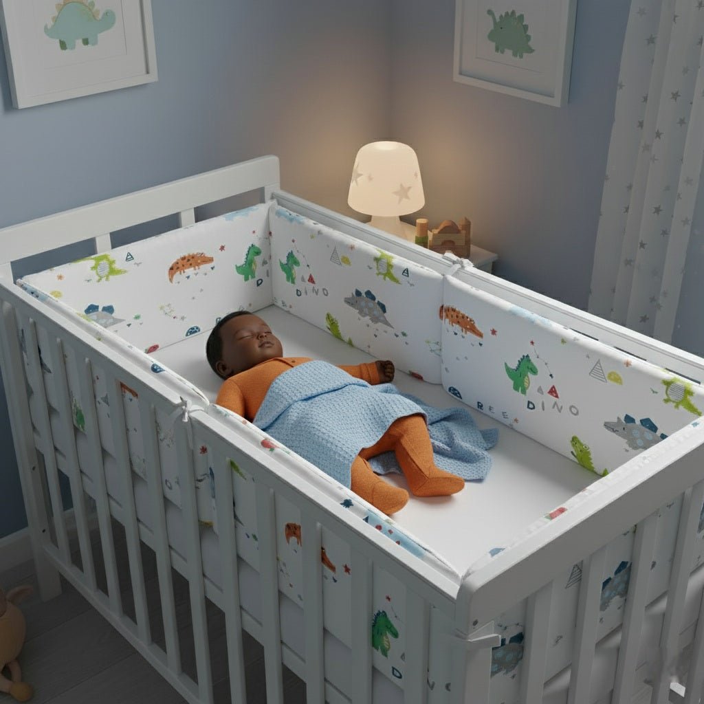 Bébé endormi et protégé par un tour de lit Dino blanc