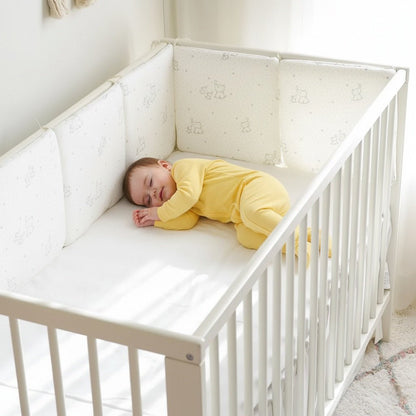 Bébé endormi et protégé par un contour de lit de bébé blanc Eléphant