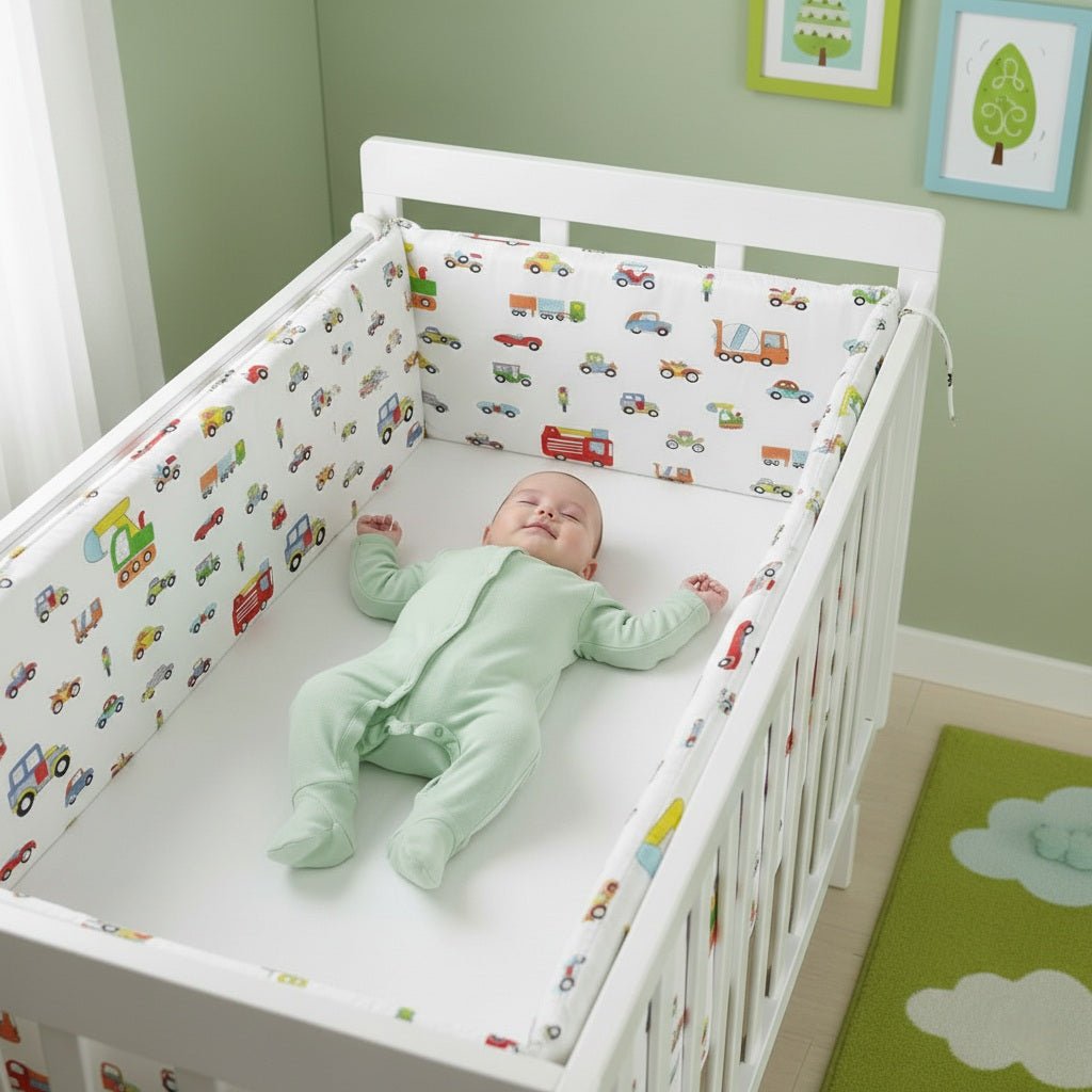 Bébé endormi et protégé par un contour de lit de bébé blanc Rêve sur roues