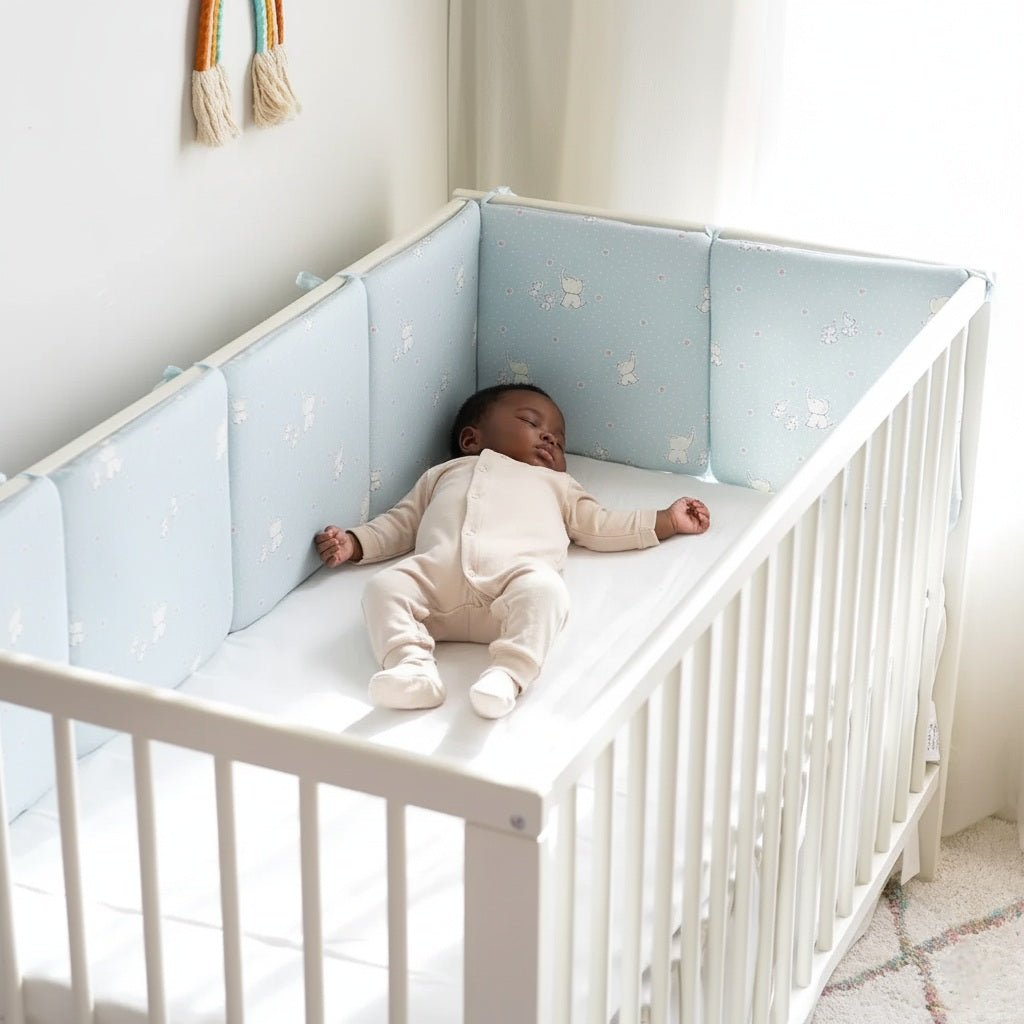 Bébé endormi et protégé par un contour de lit de bébé bleu Eléphant