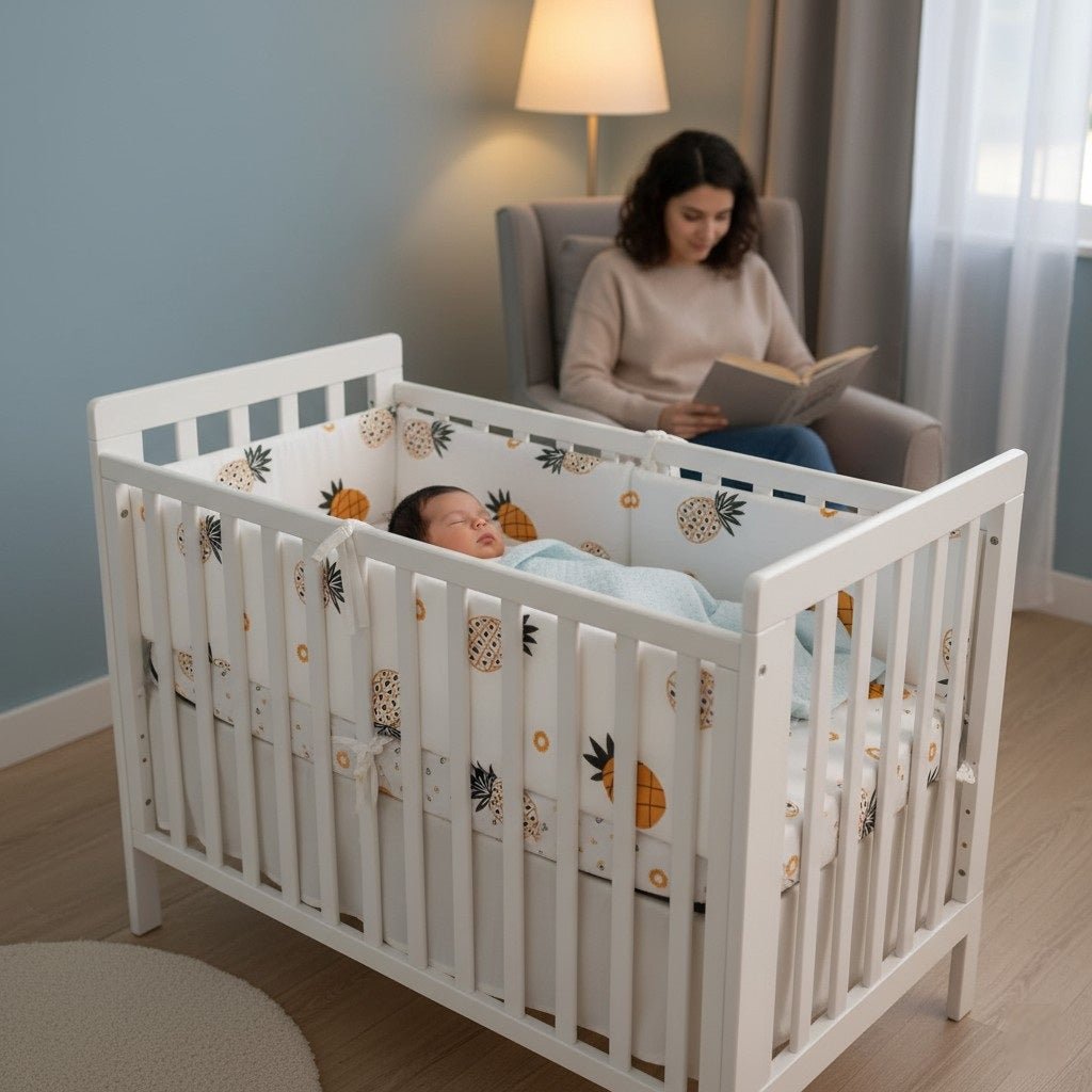 Bébé endormi et protégé par un tour de lit bébé Ananas