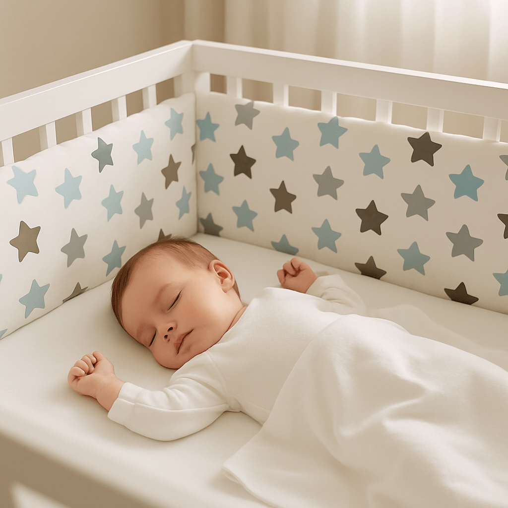 Bébé endormi et protégé par un tour de lit bébé harmonie d'étoiles bleu