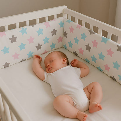 Bébé endormi et protégé par un tour de lit bébé harmonie d'étoiles rose