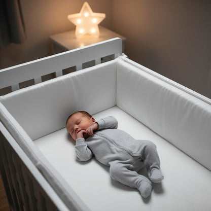 Bébé endormi et protégé par un tour de lit bébé SimpleChic™ blanc