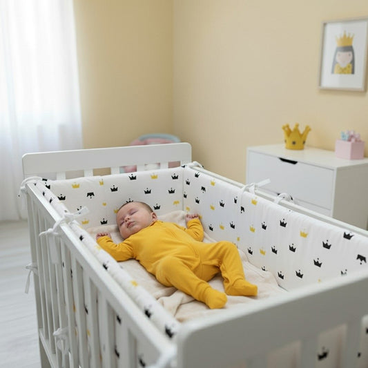 Bébé allongé et protégé par un tour de lit Couronnes jaune et noir