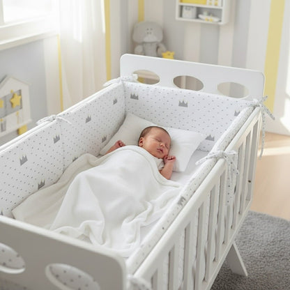 Bébé endormi et protégé par un Tour de lit Royal Cocoon™ blanc