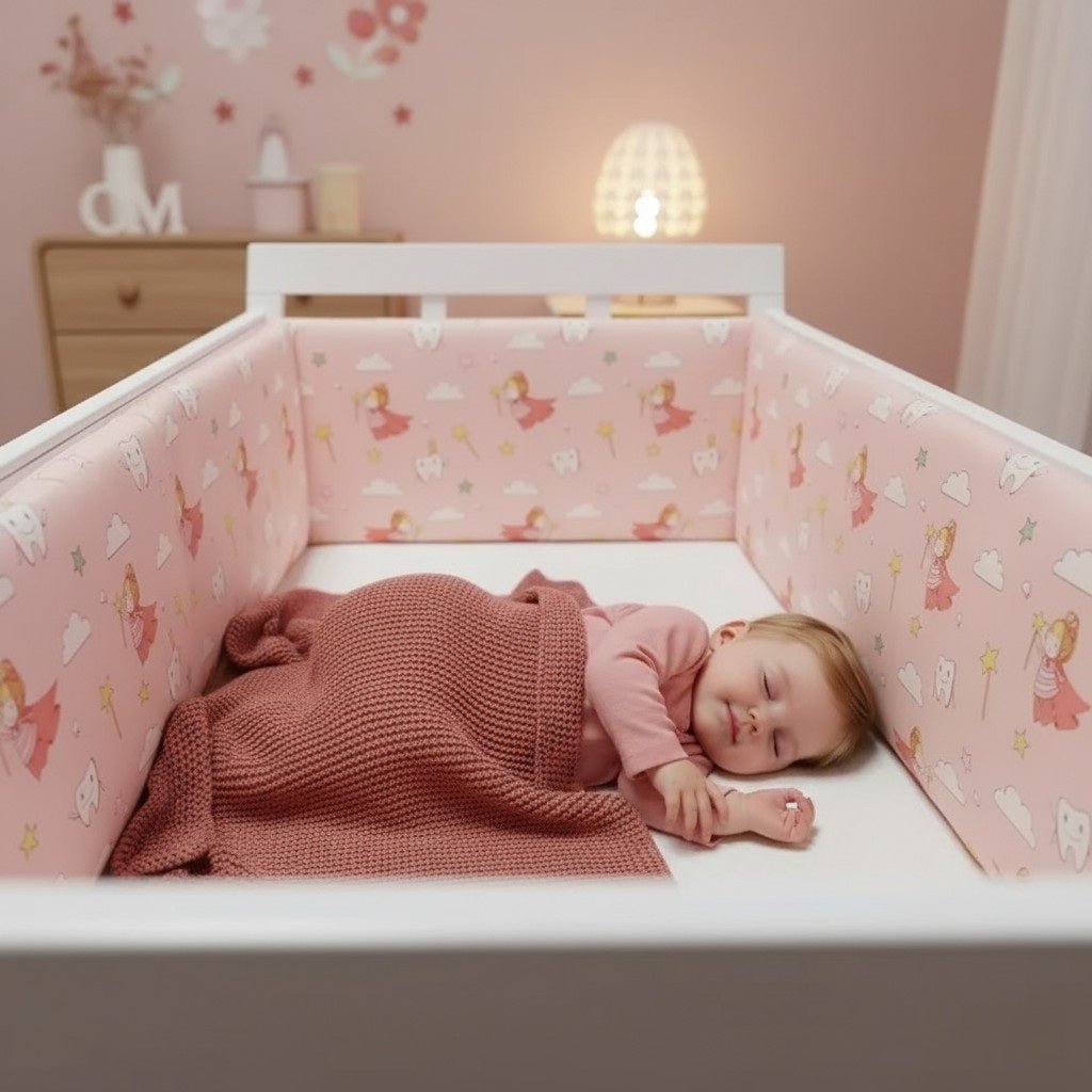 Bébé fille endormie et protégée par un tour de lit bébé Fée