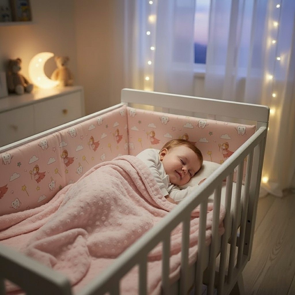 Bébé fille endormie et protégée par un tour de lit bébé Fée