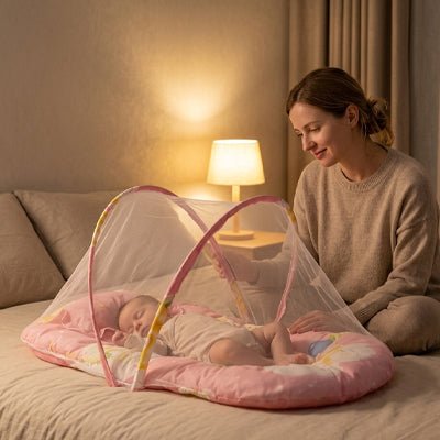 MAMAN BERCANT BEBE ALLONGE DANS NOTRE LIT MOUSTIQUAIRE BEBE ROSE