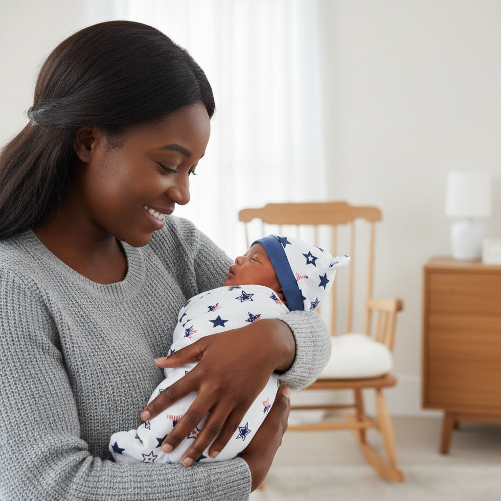 Maman berçant bébé avec une Couverture d'emmaillotage Étoiles