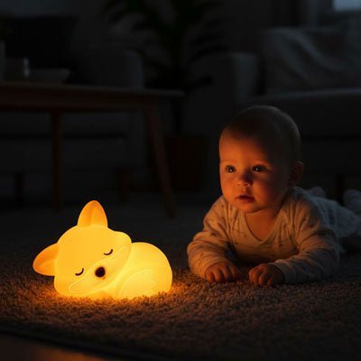 Bébé admirant notre veilleuse bébé FoxNightLight™