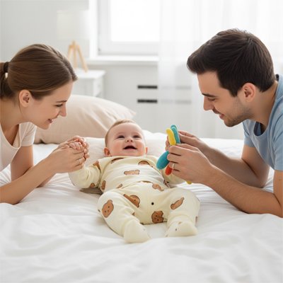 Bébé allongé avec notre Pyjama bebe Crème avec ses parents