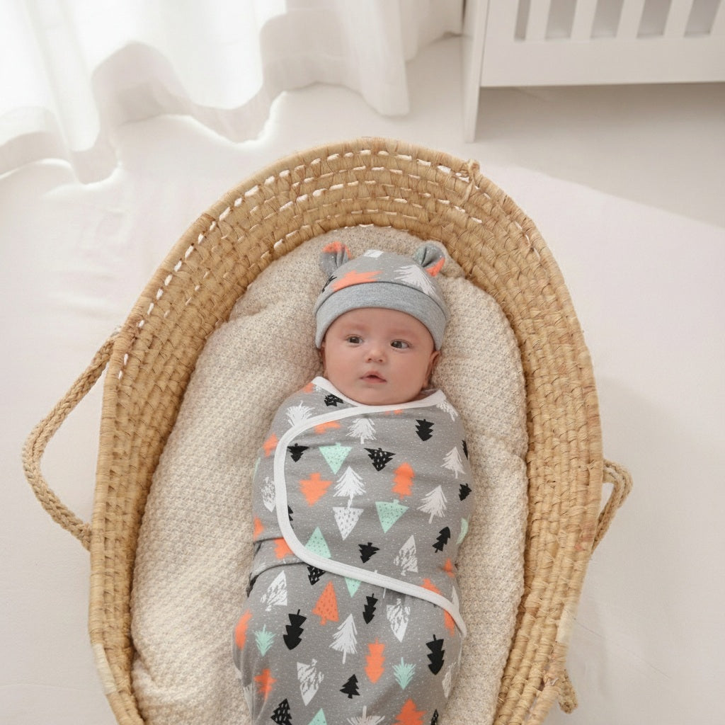 Bébé allongé avec une Couverture emmaillotage bébé Sapins