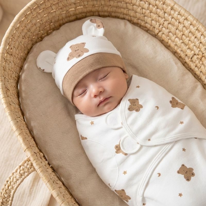 Bébé allongé avec une Couverture emmaillotage Ourson Douillet