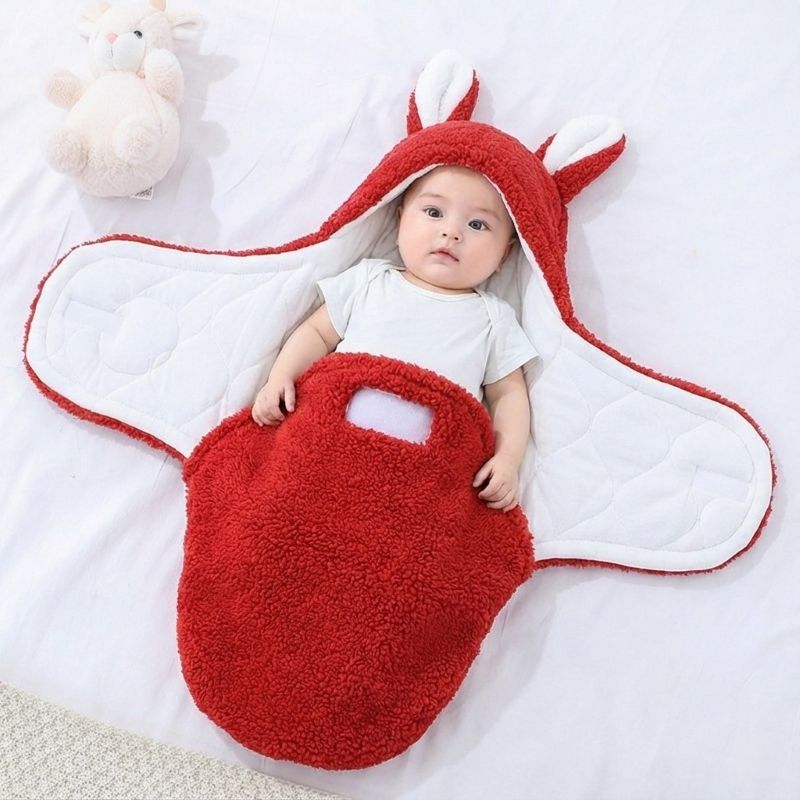 Bébé allongé dans notre couverture d'emmaillotage CuddleBunny™ rouge