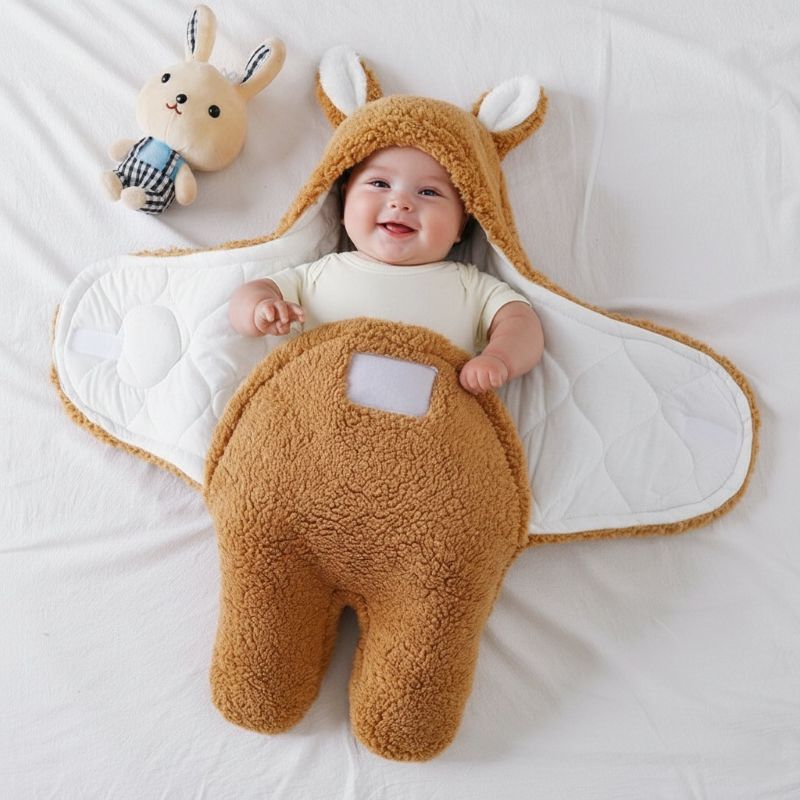 Bébé allongé dans notre emmaillotage couverture CuddleBunny™ caramel