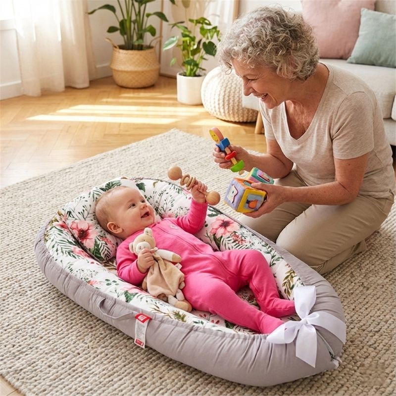 Bébé allongé dans notre réducteur de lit bébé nid fleuri et jouant avec mami